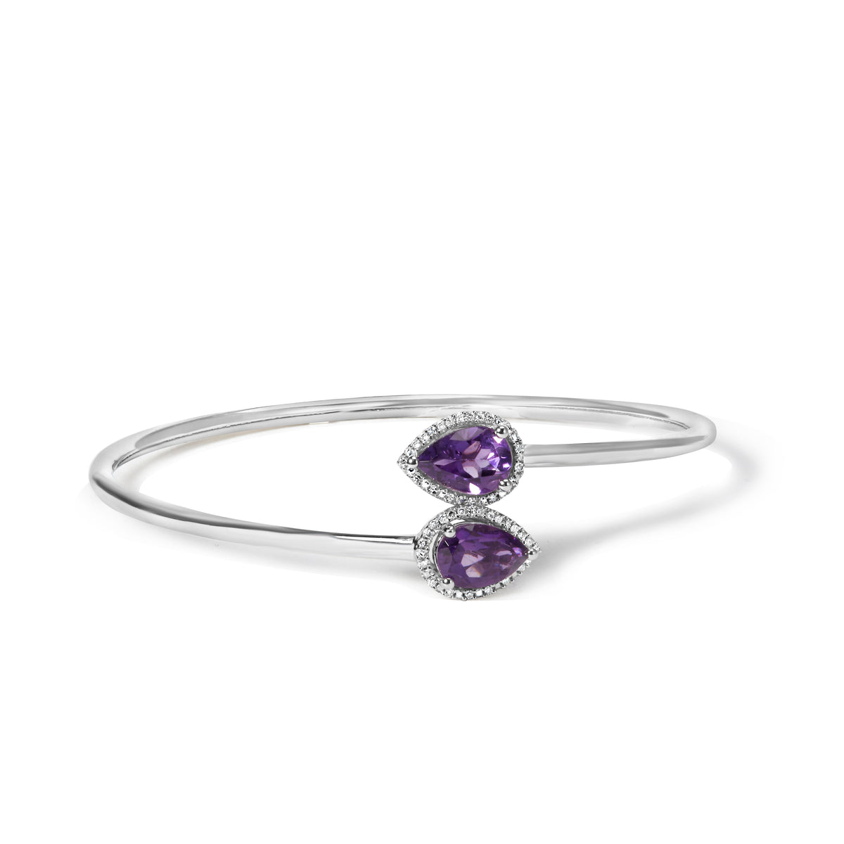 Brazalete de plata de ley .925 con forma de pera de amatista de 8 x 5.5 mm y halo de diamantes (color H-I, claridad SI1-SI2) - Se ajusta hasta 7 pulgadas