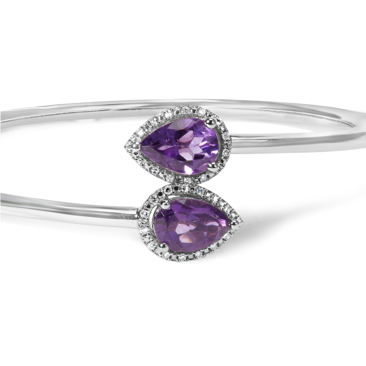 Brazalete de plata de ley .925 con forma de pera de amatista de 8 x 5.5 mm y halo de diamantes (color H-I, claridad SI1-SI2) - Se ajusta hasta 7 pulgadas