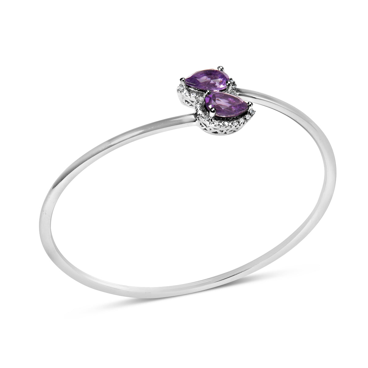 Brazalete de plata de ley .925 con forma de pera de amatista de 8 x 5.5 mm y halo de diamantes (color H-I, claridad SI1-SI2) - Se ajusta hasta 7 pulgadas