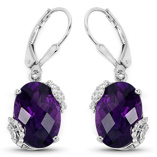 Pendientes de Plata Fina .925 con Amatista Genuina de 10,18 Quilates y Topacio Blanco