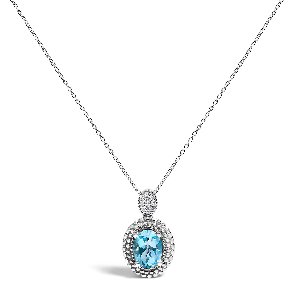 Collar con Colgante de Plata Fina .925 con Topacio Azul Ovalado y Acentos de Diamantes con Halo de Cuentas - 18 Pulgadas