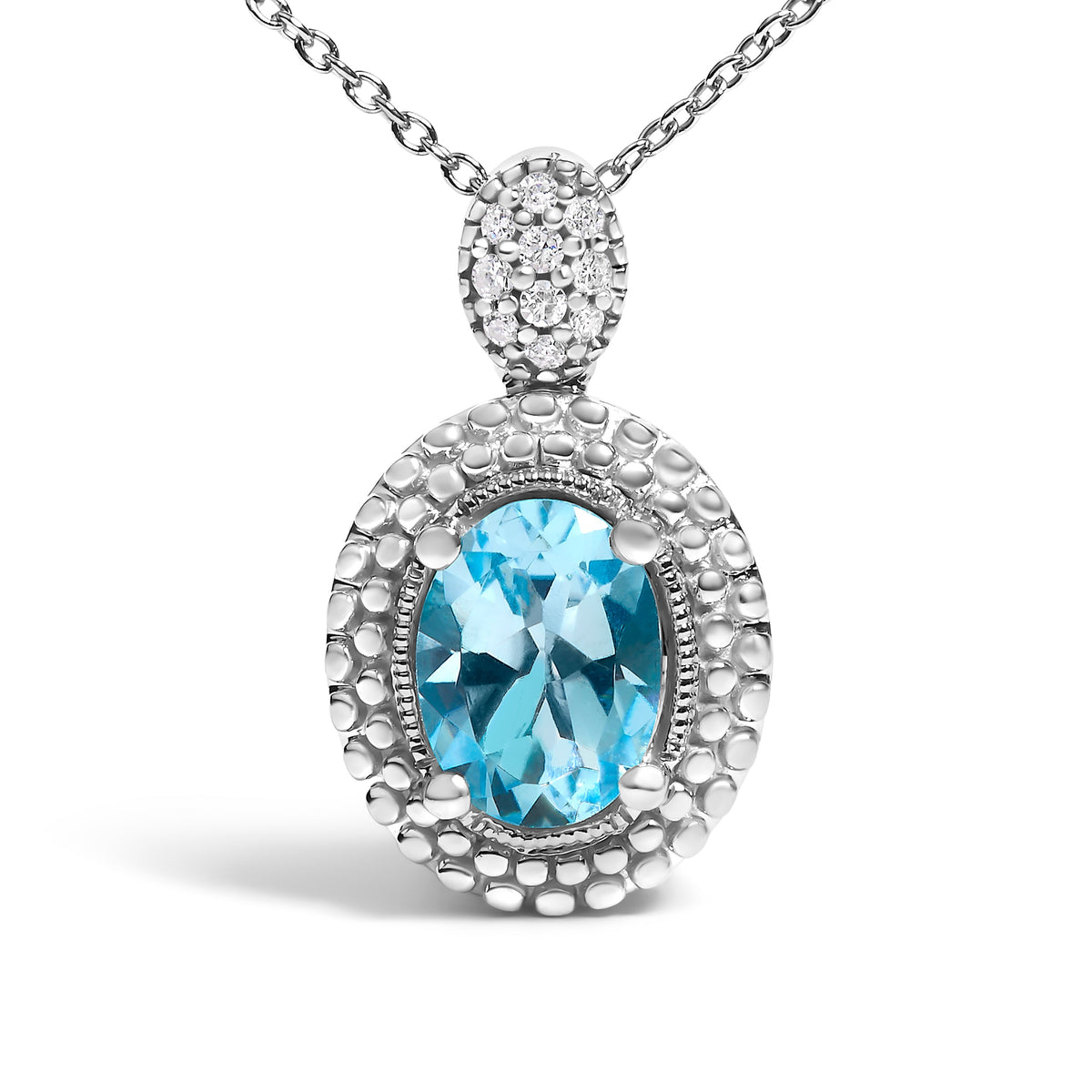 Collar con Colgante de Plata Fina .925 con Topacio Azul Ovalado y Acentos de Diamantes con Halo de Cuentas - 18 Pulgadas