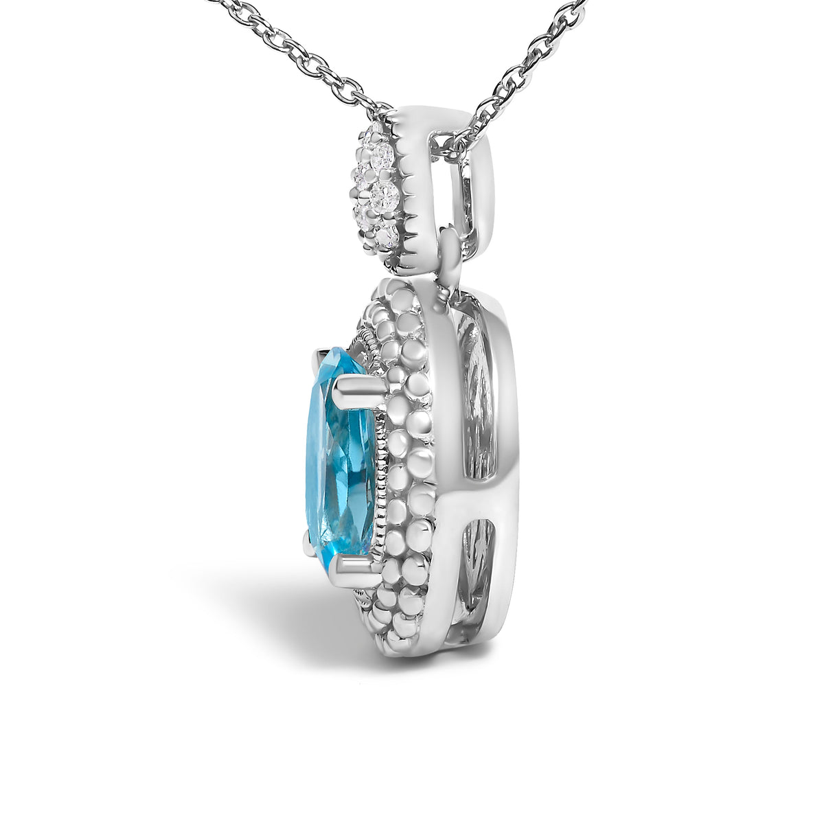 Collar con Colgante de Plata Fina .925 con Topacio Azul Ovalado y Acentos de Diamantes con Halo de Cuentas - 18 Pulgadas