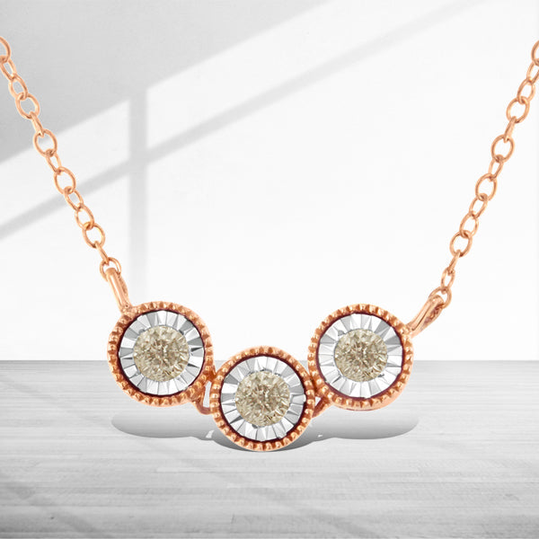 Collar de plata de ley .925 chapado en oro rosa y blanco de 10K con triple círculo de diamantes champán de 1/4 Cttw con engaste milagroso de 45,7 cm (Claridad I2-I3)