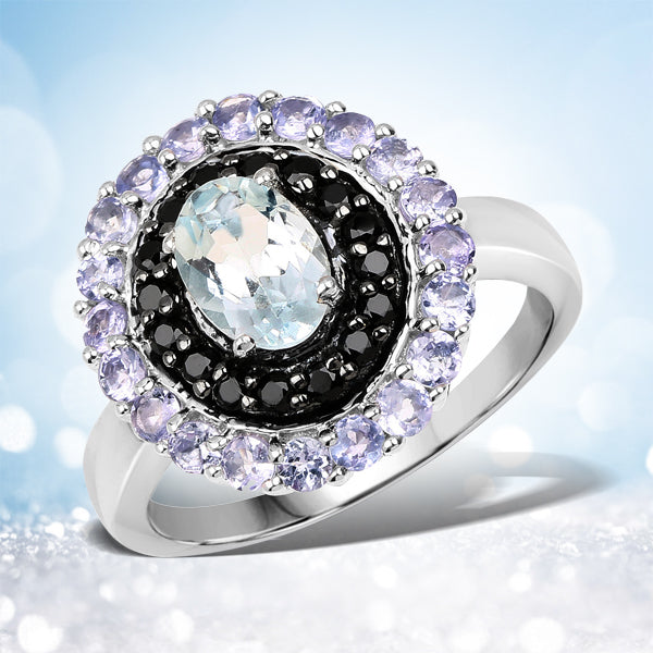 Anillo de Plata de Ley .925 con Aguamarina Genuina de 1,77 Quilates, Espinela Negra y Tanzanita