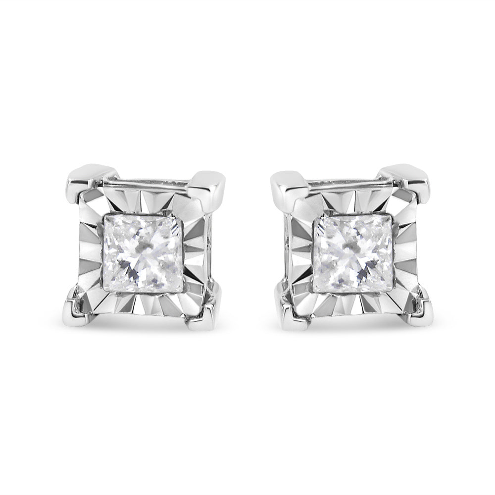Pendientes de tuerca solitario con diamantes de talla princesa de 1/2 quilate, engaste milagro, plata de ley .925 (color I-J, claridad SI1-SI2)
