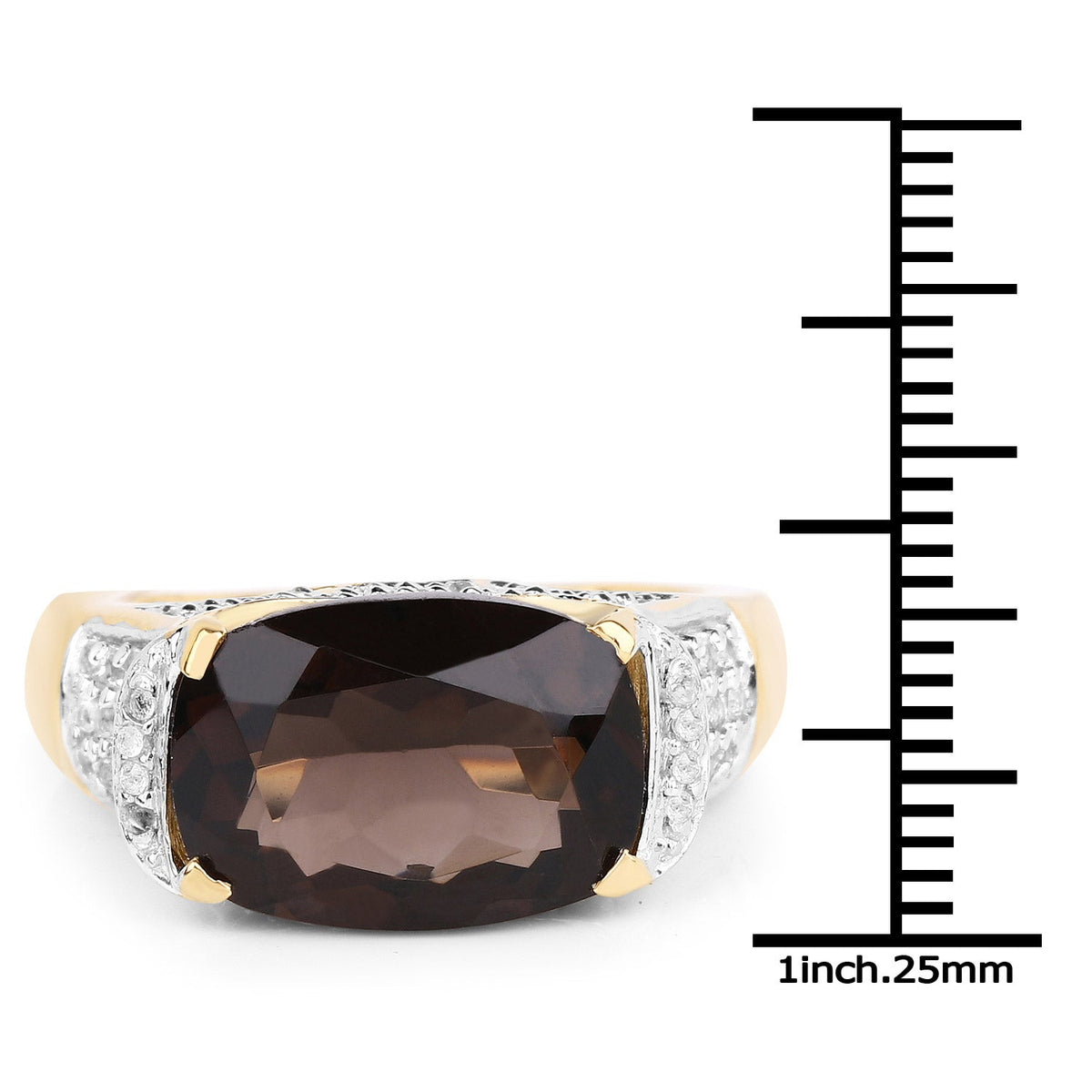 Anillo de Plata Fina de .925 con Cuarzo Ahumado Genuino de 6.65 Quilates y Topacio Blanco
