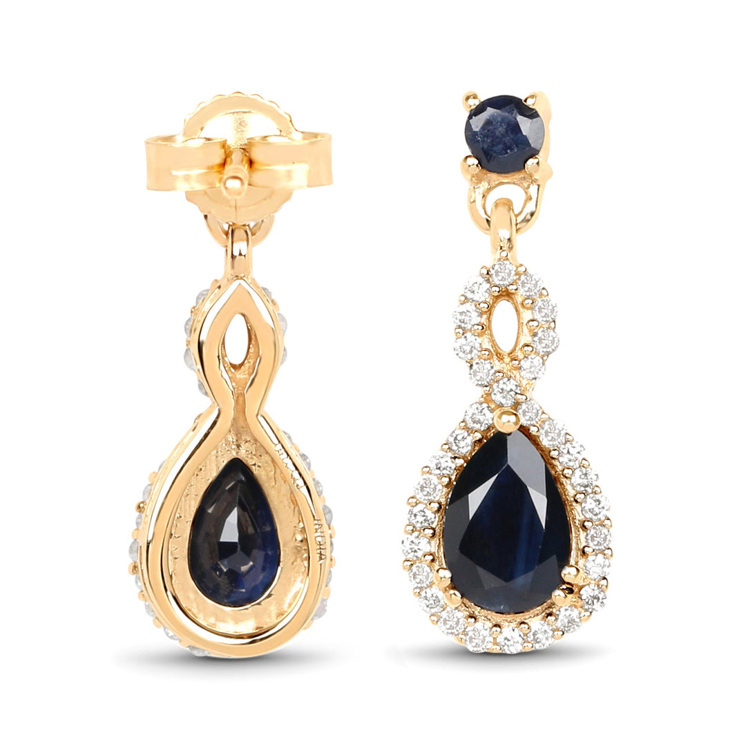 Pendientes de oro amarillo de 14 quilates con zafiro azul auténtico de 1,19 quilates y diamantes blancos