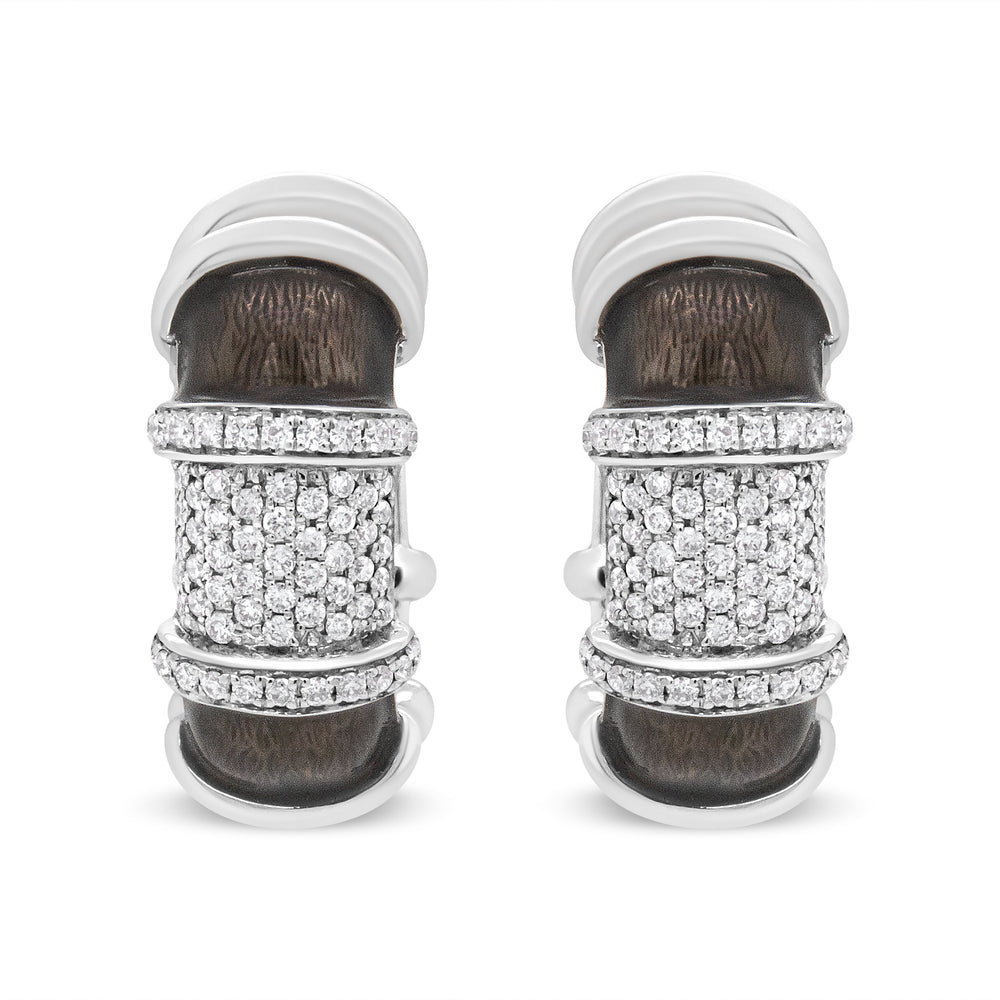 18K White Gold Flash Plated .925 Sterling Silver Clear Graphite Grey Enamel 5/8 Cttw Round Diamonds Huggie Hoop Earrings (F-G Color, VS1-VS2 Clarity)