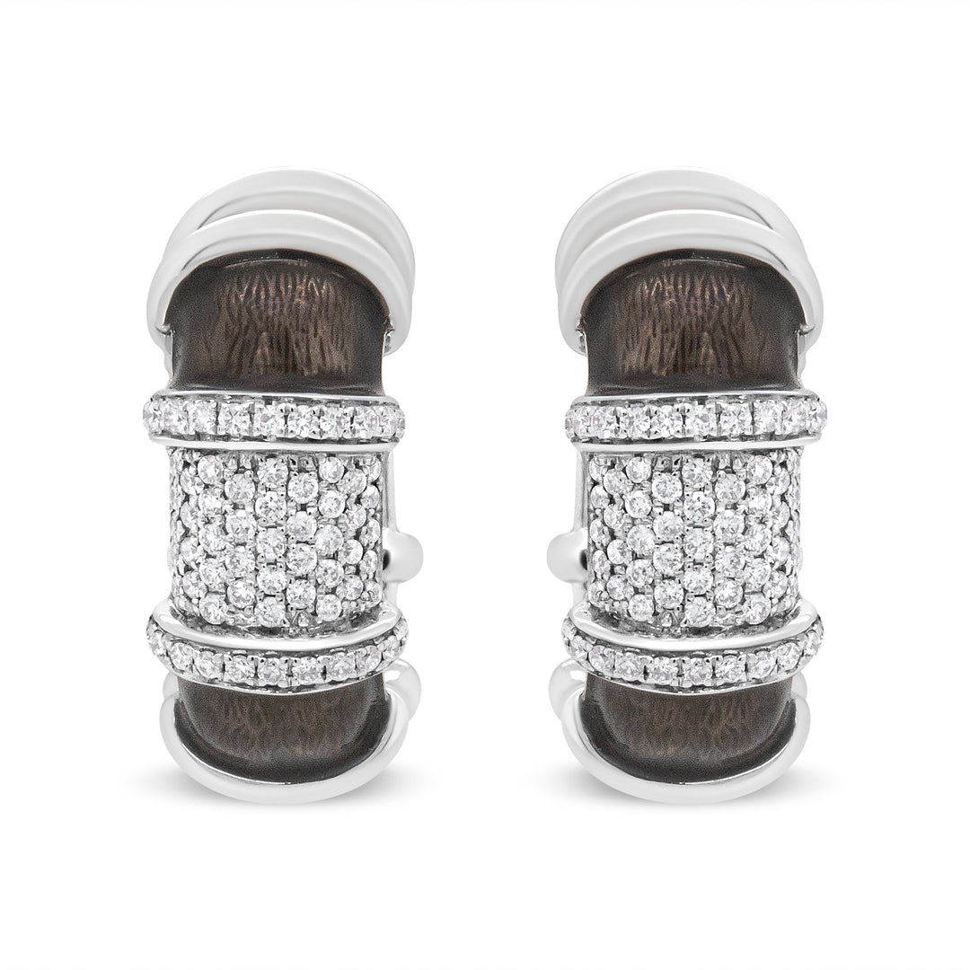 18K White Gold Flash Plated .925 Sterling Silver Clear Graphite Grey Enamel 5/8 Cttw Round Diamonds Huggie Hoop Earrings (F-G Color, VS1-VS2 Clarity)