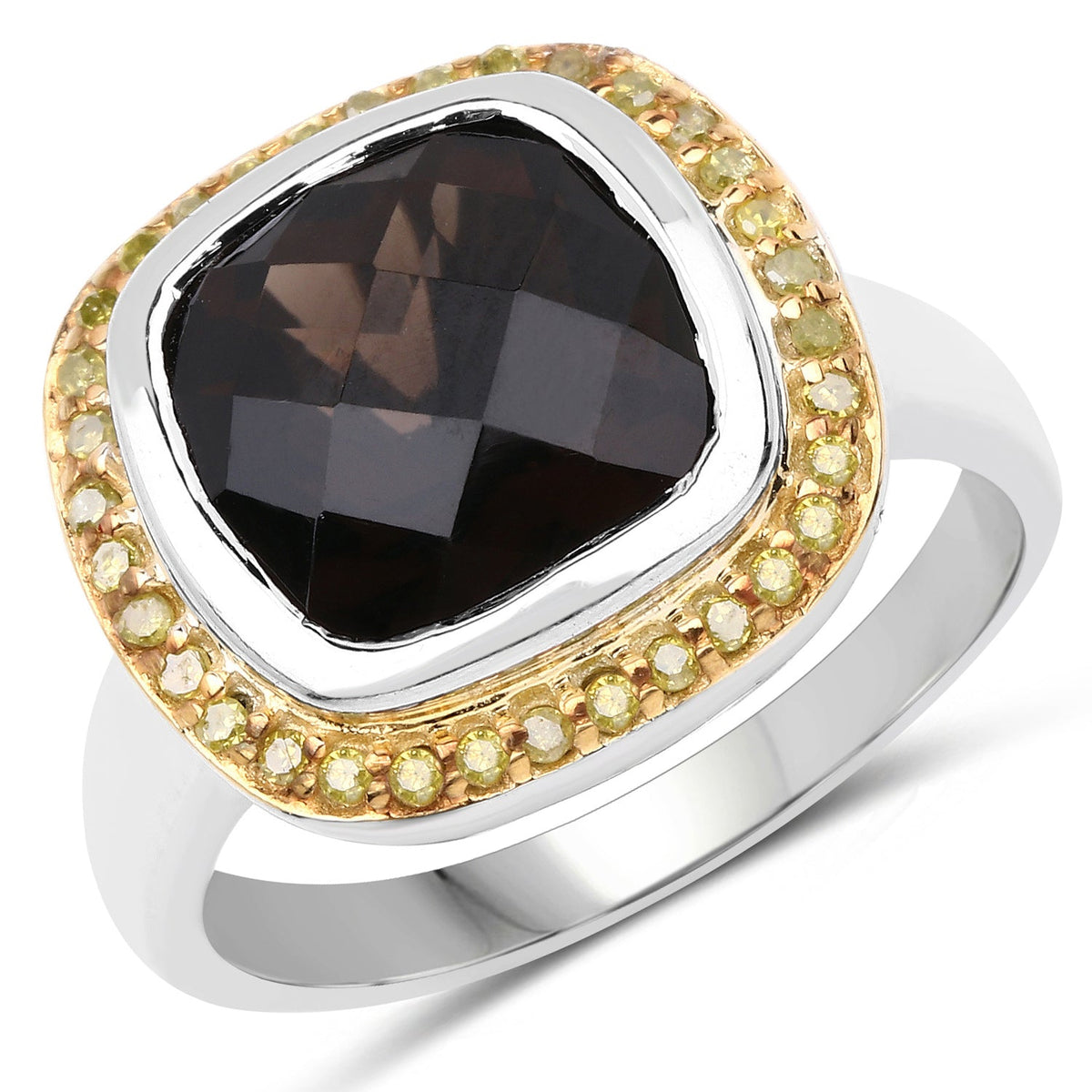 Anillo de plata de ley .925 con cuarzo ahumado genuino de 3.67 quilates y diamantes amarillos