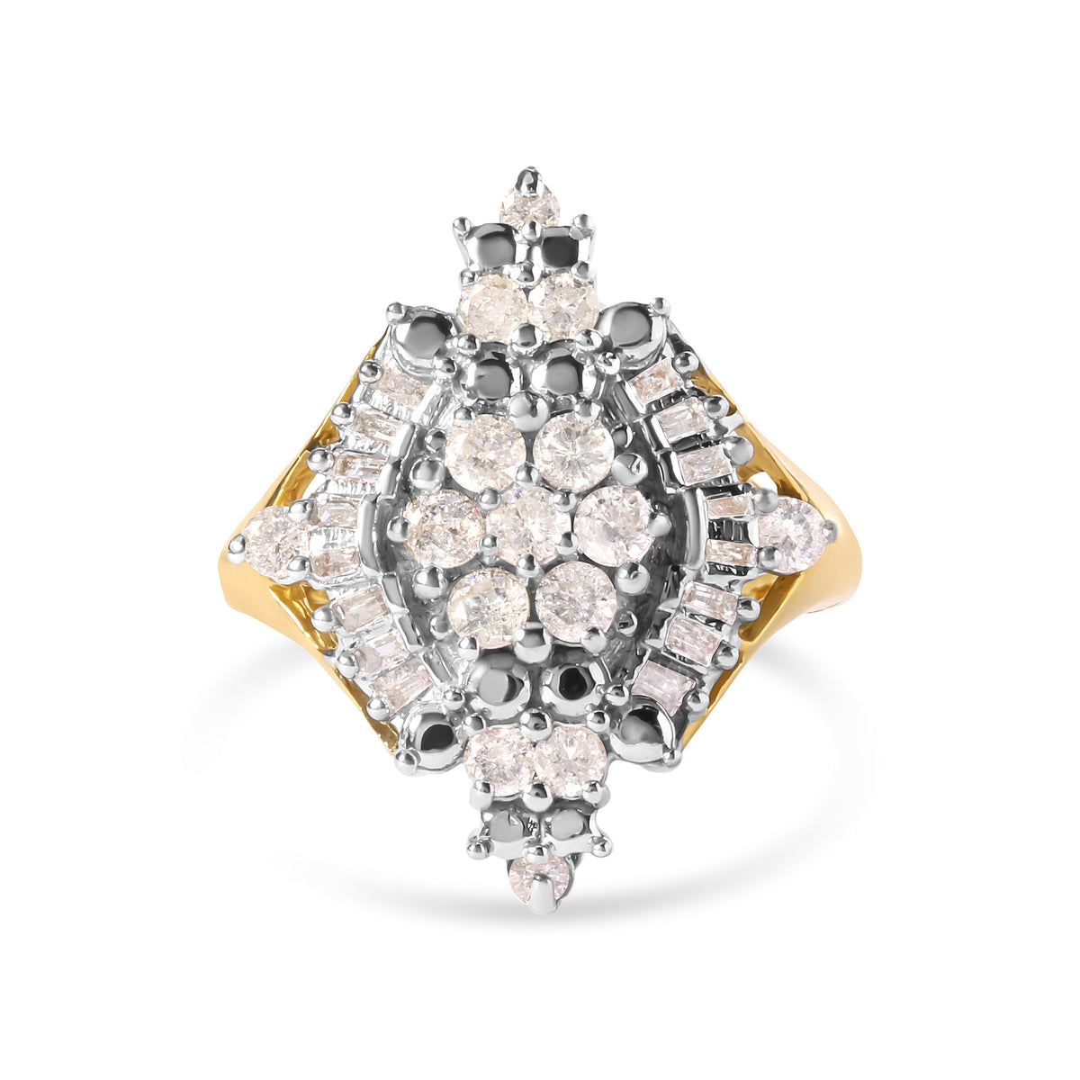 Anillo de oro amarillo de 10K con racimo de diamantes redondos y de talla baguette de 1 quilate de peso total y halo de rombos (color H-I, claridad I1-I2) - Talla 7