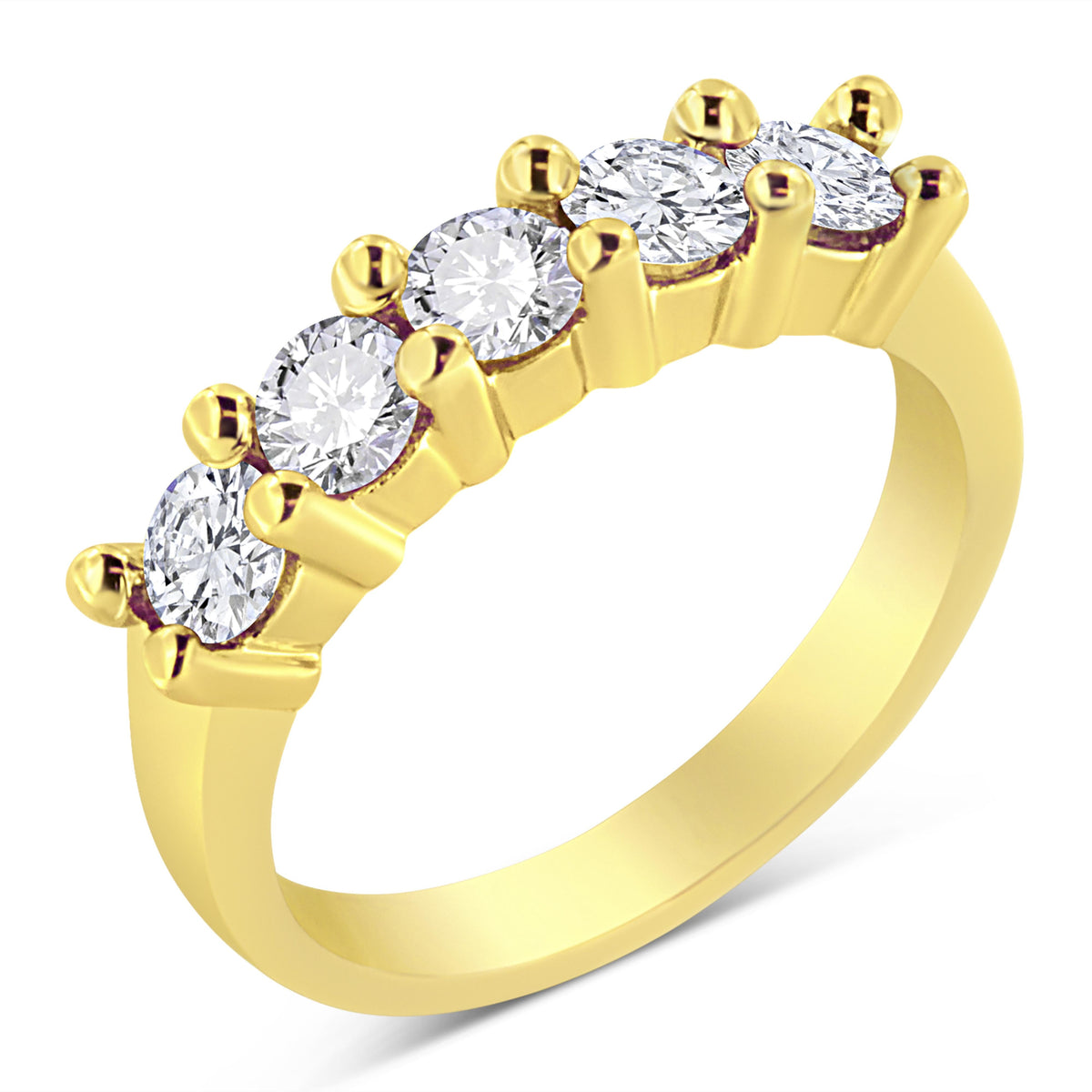 Anillo de banda de 5 piedras de plata de ley .925 chapado en oro amarillo de 14K con diamante redondo de 1.0 Cttw engarzado en garras compartidas (Color J-K, Claridad I1-I2) - Talla 7