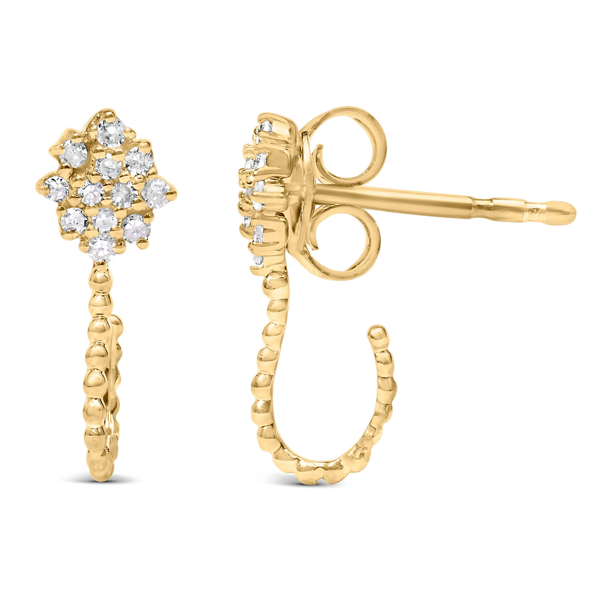 Pendientes de aro con racimo floral y abalorios de diamantes de 1/10 Cttw (color H-I, claridad I1-I2) de plata de ley .925 chapada en oro amarillo de 14K