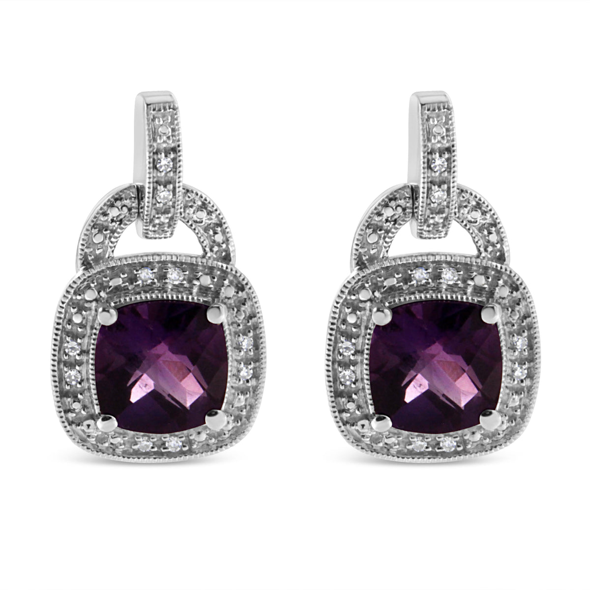 Pendientes colgantes de plata de ley .925 de 8 mm con halo de amatista natural talla cojín y acento de diamante con cierre a presión (color I-J, claridad I2-I3)