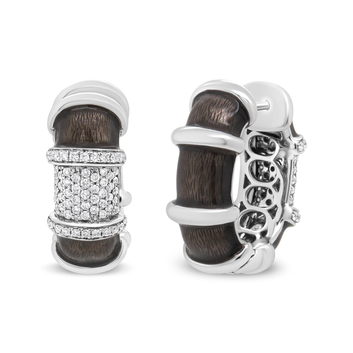 Pendientes de aro Huggie de plata de ley .925 con baño de oro blanco de 18 quilates, esmalte gris grafito transparente y diamantes redondos de 5/8 Cttw (color F-G, claridad VS1-VS2)