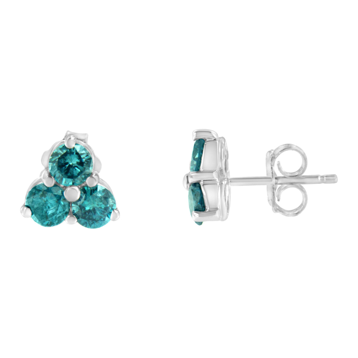 Pendientes de trío de diamantes azules tratados en oro blanco de 14 K (1 1/3 TCW, azul)