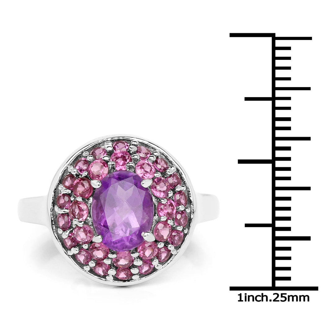 Anillo de plata de ley .925 con amatista y rodolita auténticas de 2.48 quilates