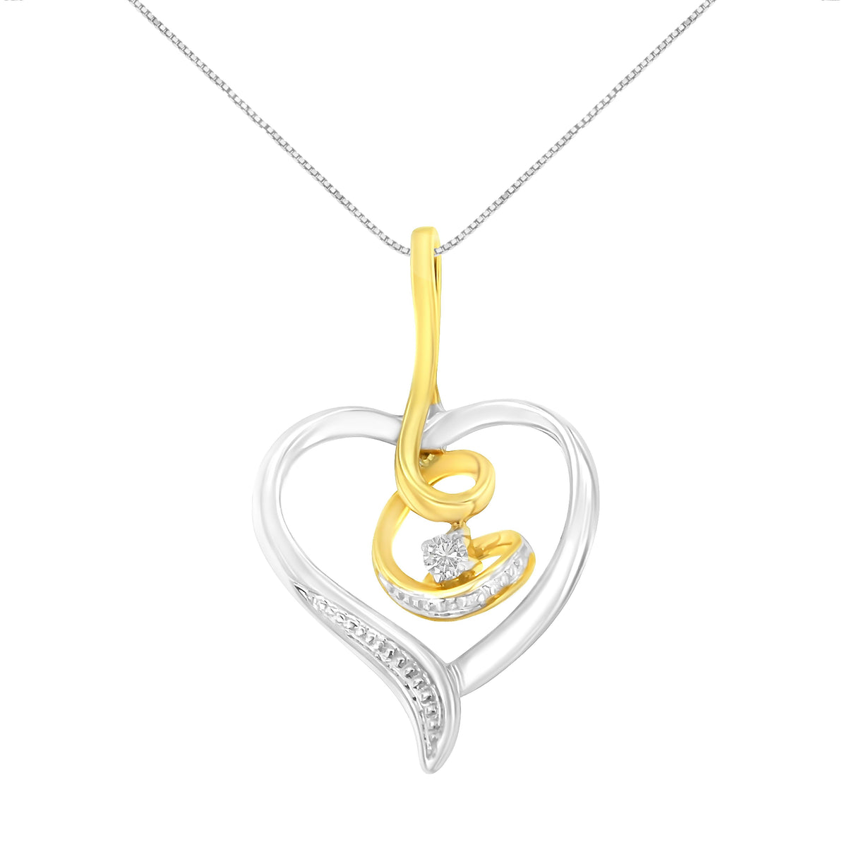 Espira 10K Oro amarillo y blanco de dos tonos .03 Cttw Collar con colgante de 18" con diseño de corazón abierto en espiral de diamante de talla redonda con acento de diamante (Color I-J, Claridad I2-I3)