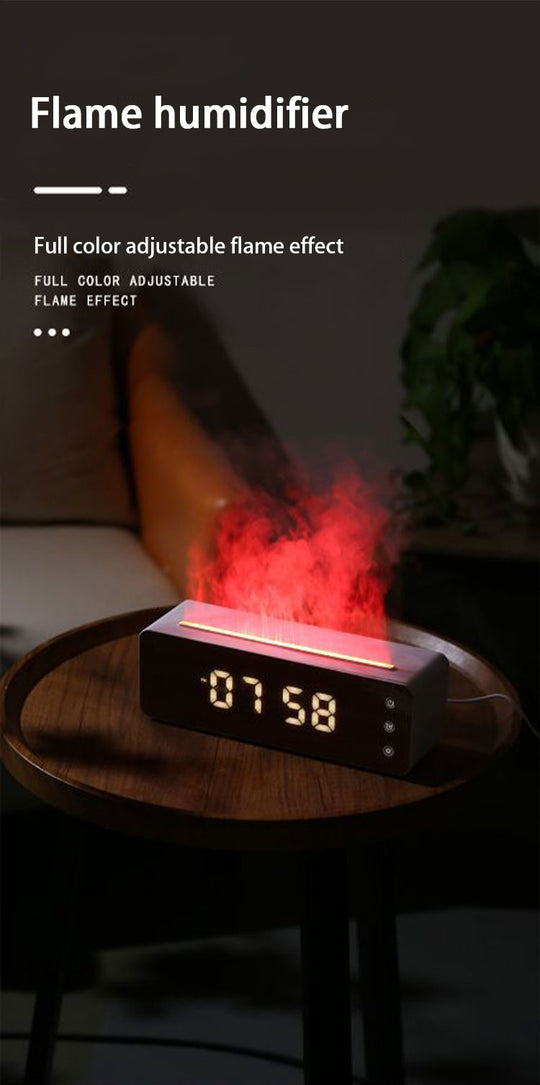 Flame Humidifier & Clock - Diffuser with Humidity Display - LED Light Fire Effect