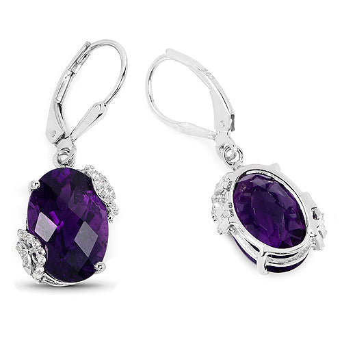 Pendientes de Plata Fina .925 con Amatista Genuina de 10,18 Quilates y Topacio Blanco