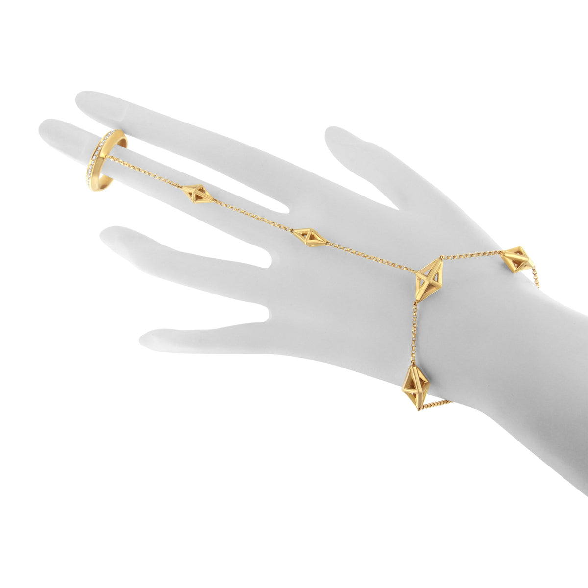 Cadena de mano de oro amarillo de 14 quilates con anillo y pulsera de diamantes de 1/4 Cttw (color G-H, claridad SI1-SI2) - 7"