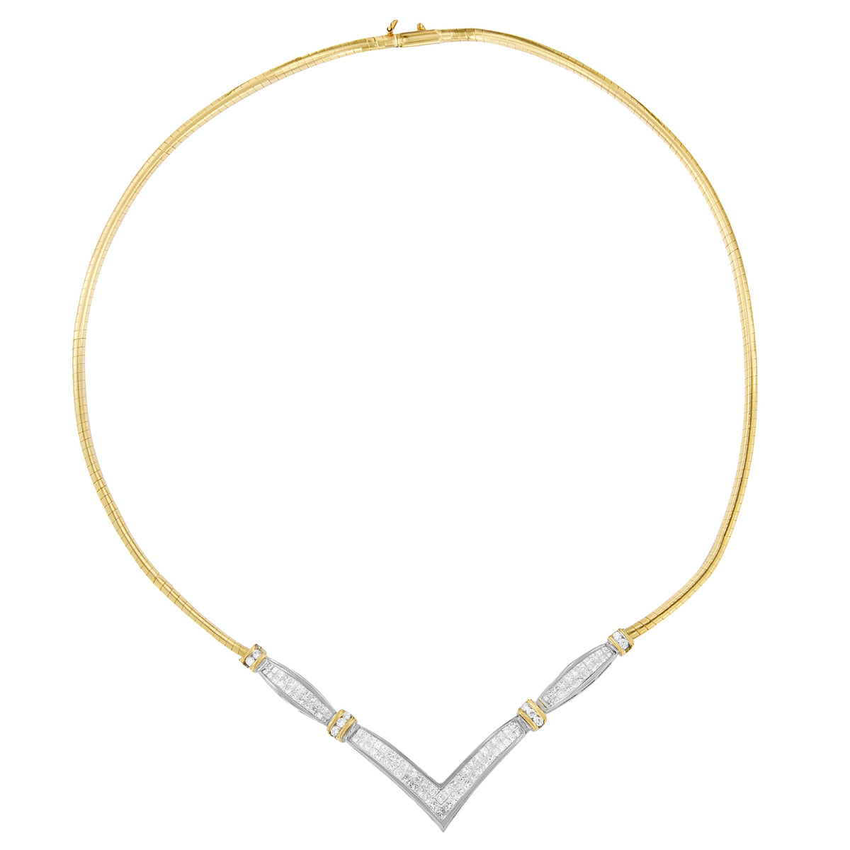 Collar llamativo en forma de «V» de oro blanco y amarillo de 14 quilates con diamantes redondos y de talla princesa de 2,00 quilates (color H-I, claridad SI2-I1) - 45,72 cm