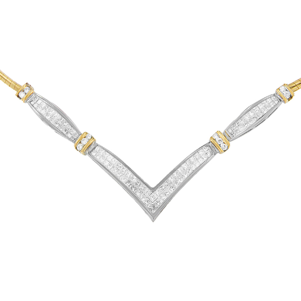 Collar llamativo en forma de «V» de oro blanco y amarillo de 14 quilates con diamantes redondos y de talla princesa de 2,00 quilates (color H-I, claridad SI2-I1) - 45,72 cm