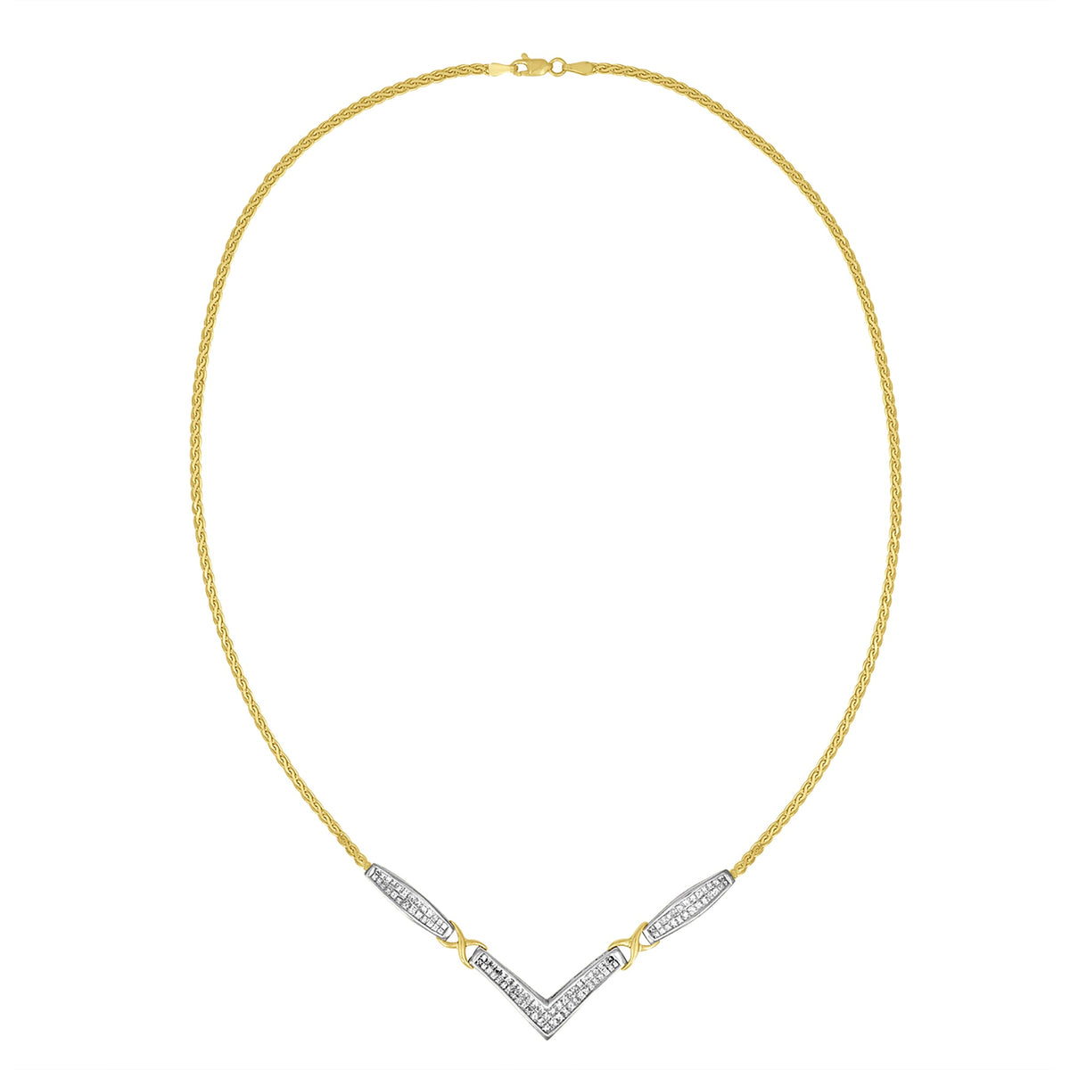 Gargantilla Franco de 18" de Oro Amarillo y Blanco de 14K con Diamantes de Corte Princesa de 2.0 Quilates en Total, Diseño Acampanado y Estación en X en Forma de V (Color H-I, Claridad SI2-I1)