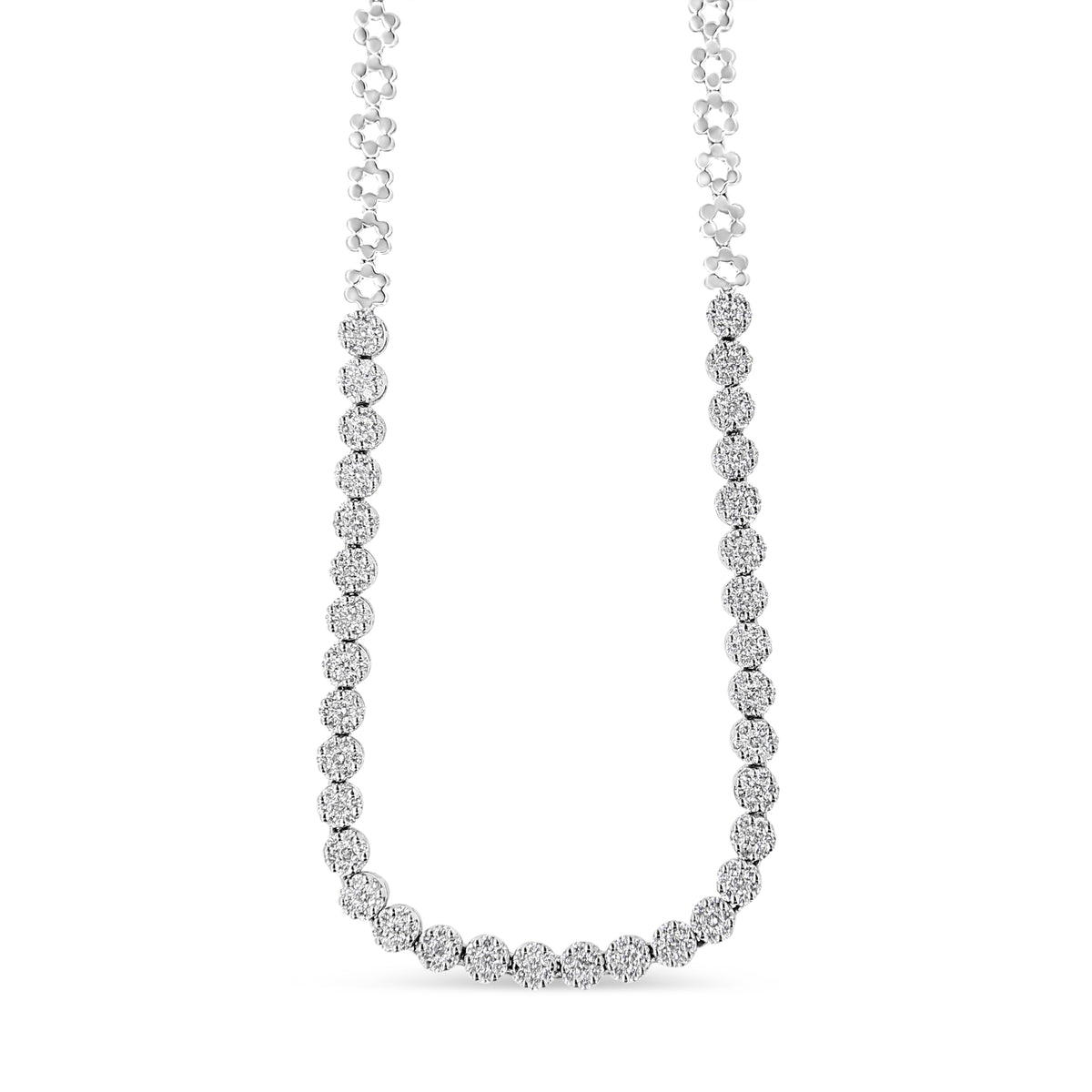 Collar llamativo Riviera Graduado de Oro Blanco de 14K con Diamantes Redondos Engastados en Pavé de 8.0 Cttw Certificado por IGI (Color H-I, Claridad I1)