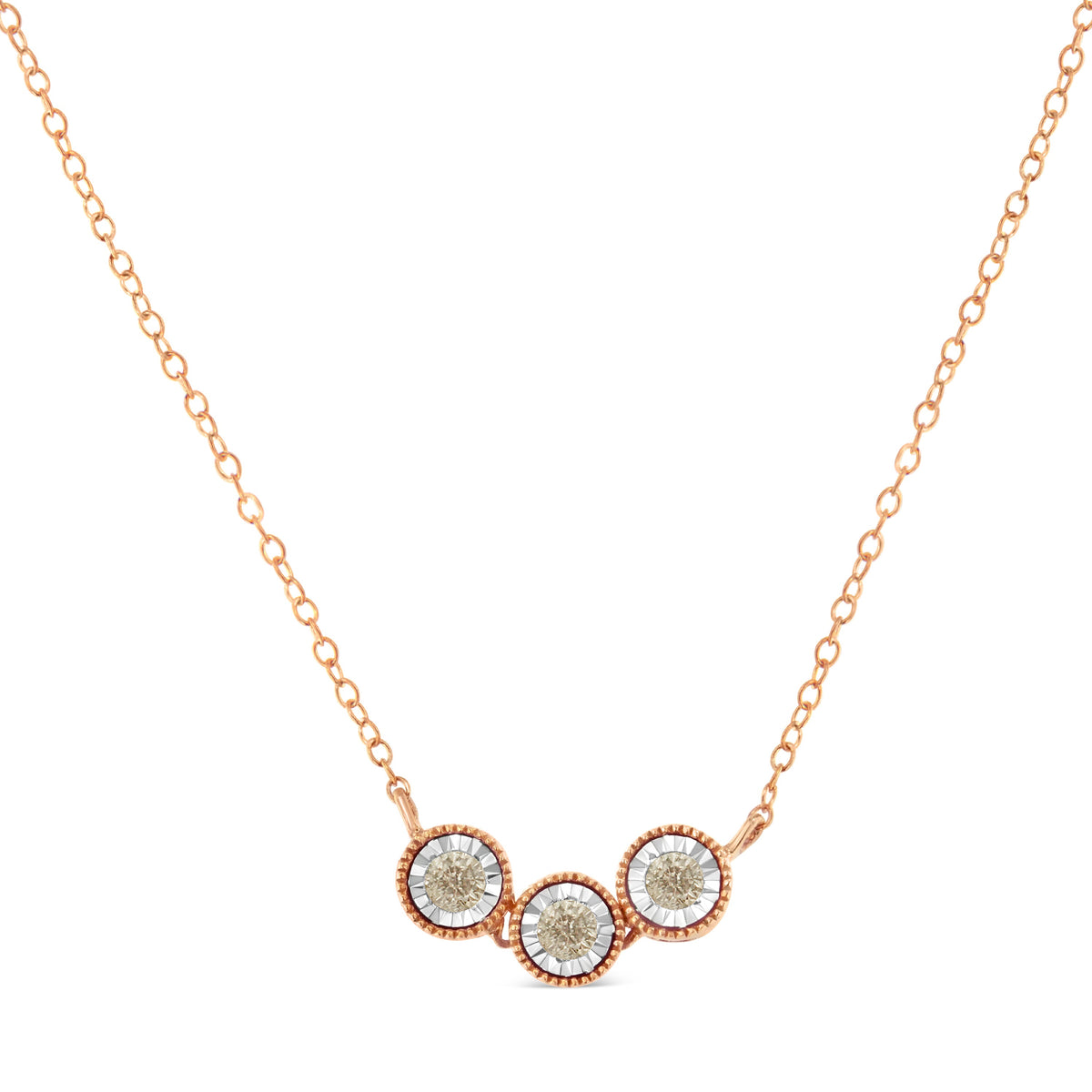 Collar de plata de ley .925 chapado en oro rosa y blanco de 10K con triple círculo de diamantes champán de 1/4 Cttw con engaste milagroso de 45,7 cm (Claridad I2-I3)