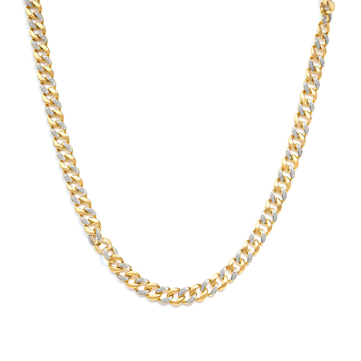 Collar de eslabones cubanos de plata de ley .925 chapado en oro amarillo de 14K con diamantes de 1,0 quilates (color I-J, claridad I3) - 18 pulgadas