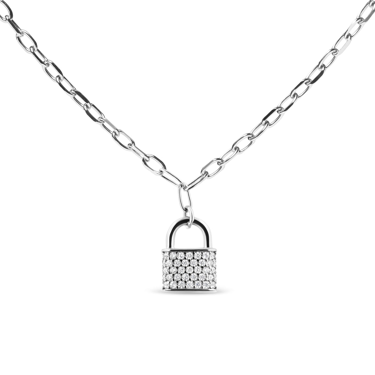 Collar con colgante de plata de ley 925 con candado de diamante de 1/4 Cttw de 45,72 cm con cadena de eslabones (color H-I, claridad SI2-I1)