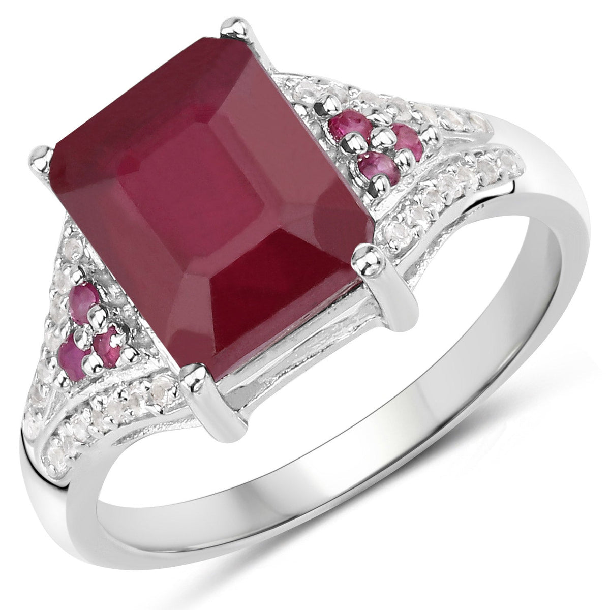 Anillo de plata esterlina .925 con rubí relleno de vidrio de 4.49 quilates y topacio blanco
