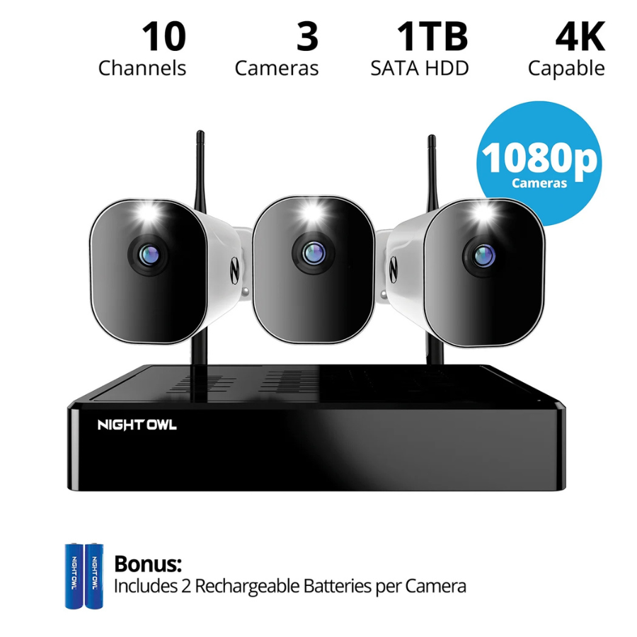 Night Owl (WM-8BBTWN1-32B) NVR Wi-Fi 4K de 10 canales con disco duro de 1 TB y 3 cámaras inalámbricas (batería) (NUEVO)