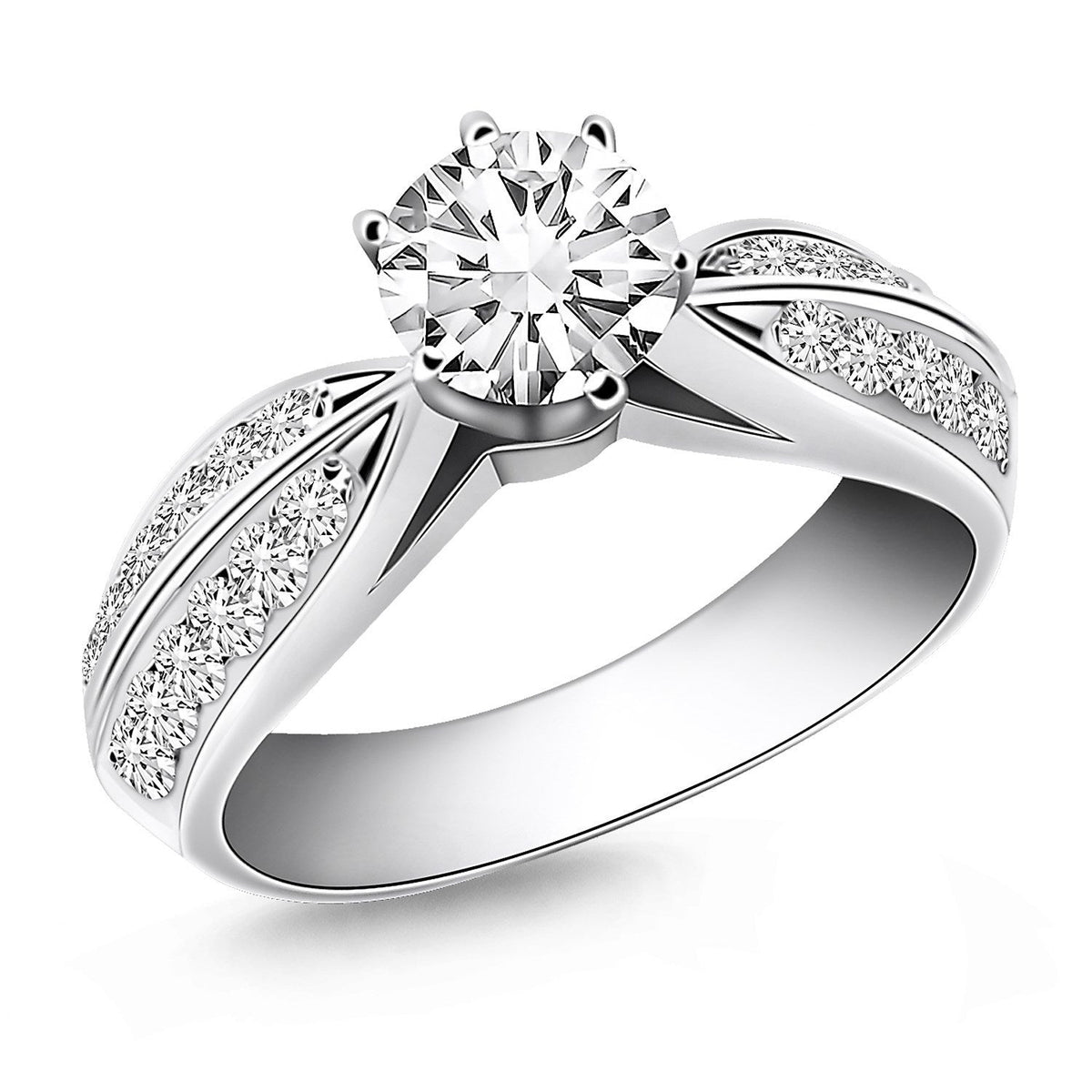 Anillo de compromiso de oro blanco de 14 quilates con diamantes pavé de doble fila tipo catedral