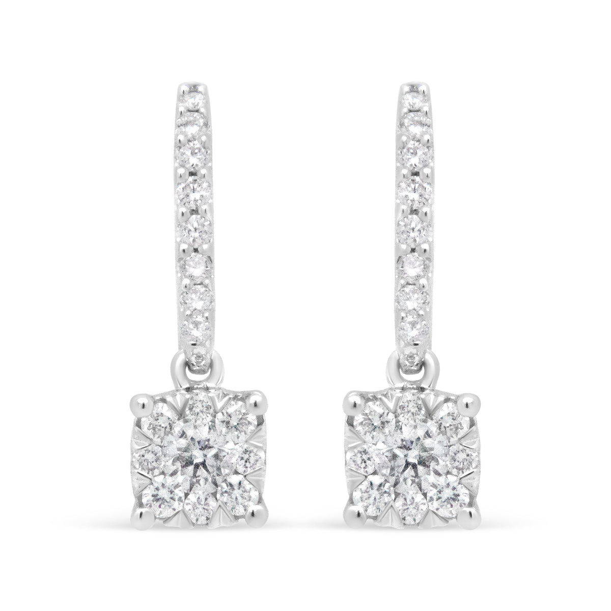Pendientes colgantes tipo anzuelo de halo con diamante redondo de 1/2 quilate, oro blanco de 14K (color H-I, claridad SI2-I1)
