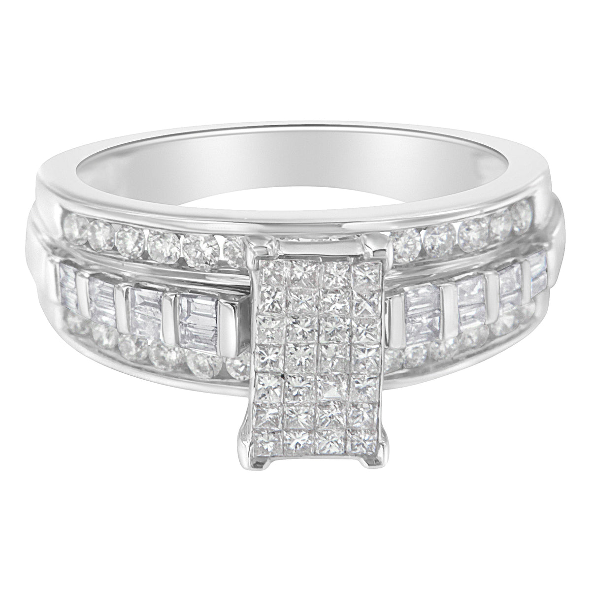 Anillo de racimo tipo clúster con corte mixto de diamantes de 1.0 Cttw engaste invisible en oro blanco de 14K con banda engastada en barra y canal (Color H-I, Claridad SI2-I1) - Talla 7