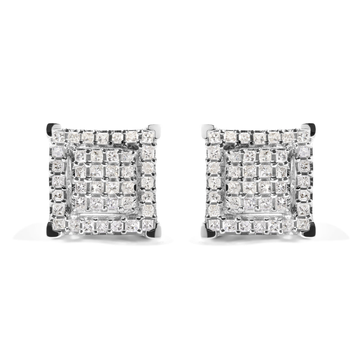 Pendientes de doble cuadrado y halo de diamante princesa compuesto de oro blanco de 10K con un peso total de 1 1/4 quilates (Color I-J, Claridad I1-I2)