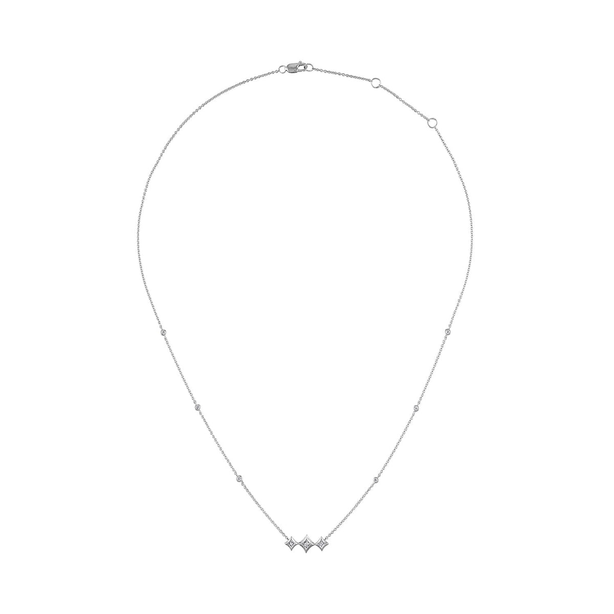 10K White Gold Bezel Set Princess Diamond 3 Stone Kite Shape and Station Necklace (H-I Color, SI2-I1 Clarity) - 18" Inches