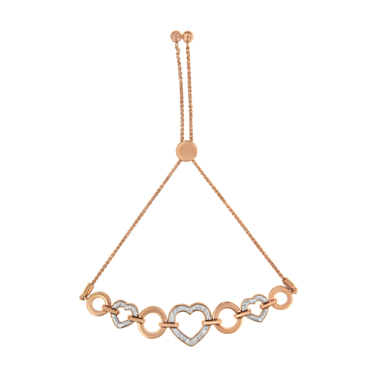 Brazalete de oro rosa de 14 quilates con baño de plata esterlina .925 con detalles de diamante en forma de círculo y corazón, ajustable de 6 a 10 pulgadas (color I-J, claridad I3)