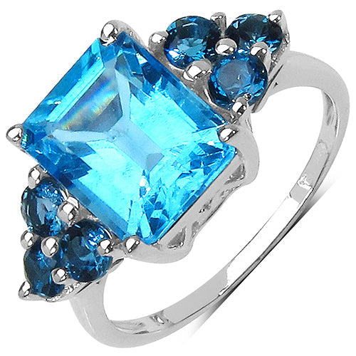 Anillo de plata de ley .925 con topacio azul suizo y topacio azul Londres auténticos de 4,72 quilates
