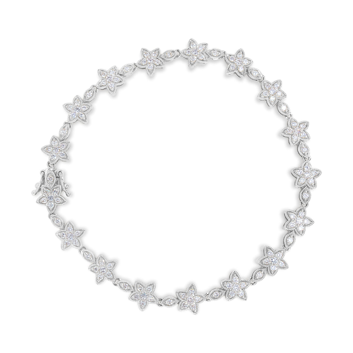Pulsera de eslabones de oro blanco de 14 quilates con diamantes redondos de 1 1/5 quilates en forma de flor (color H-I, claridad SI1-SI2) - Talla 7"