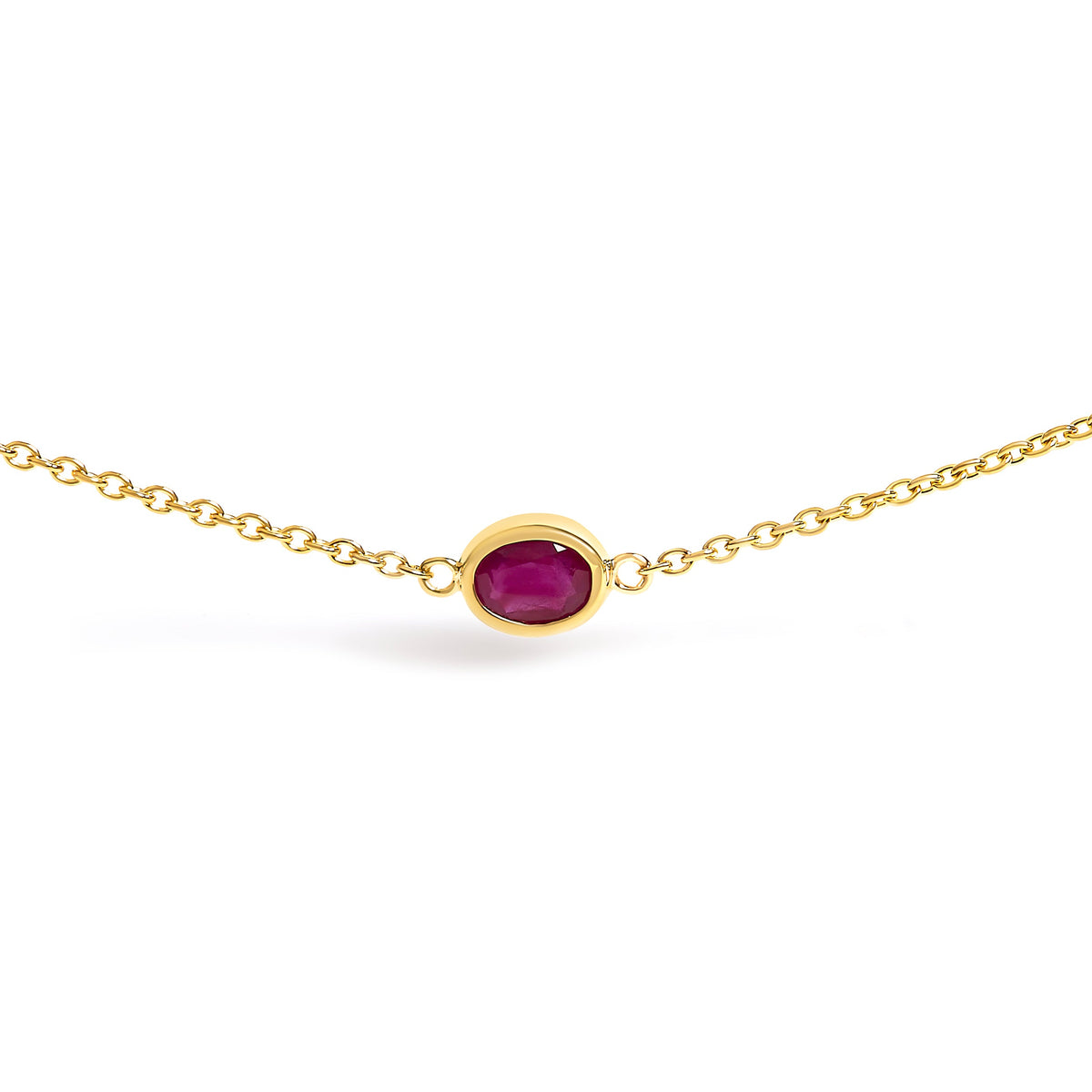 Collar de estación de rubí rojo ovalado de 4x3 mm engastado en bisel de oro amarillo de 14K - 18 pulgadas