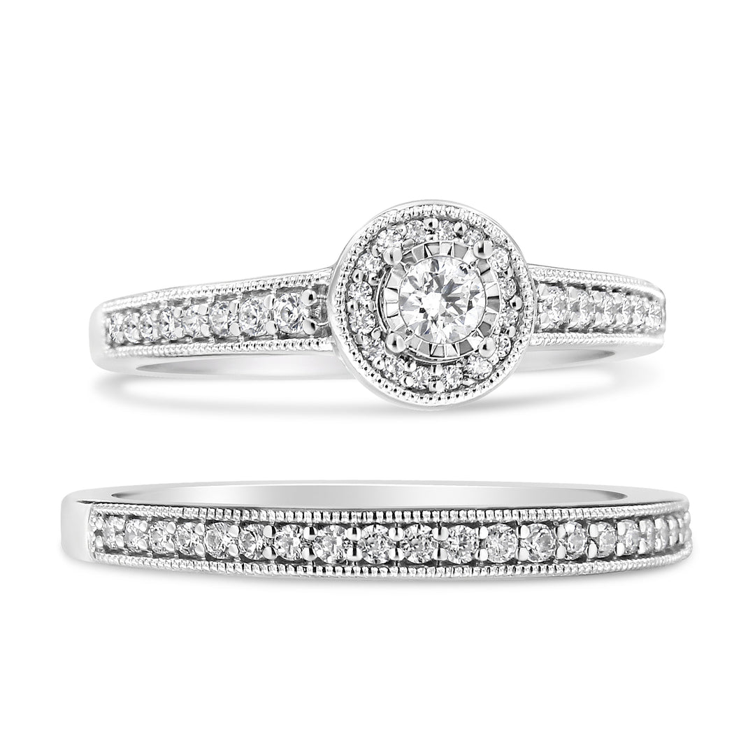 Anillo de compromiso de plata de ley .925 de 1/2 quilate con halo de diamantes y filigrana (color I-J, claridad I3) - Talla 7