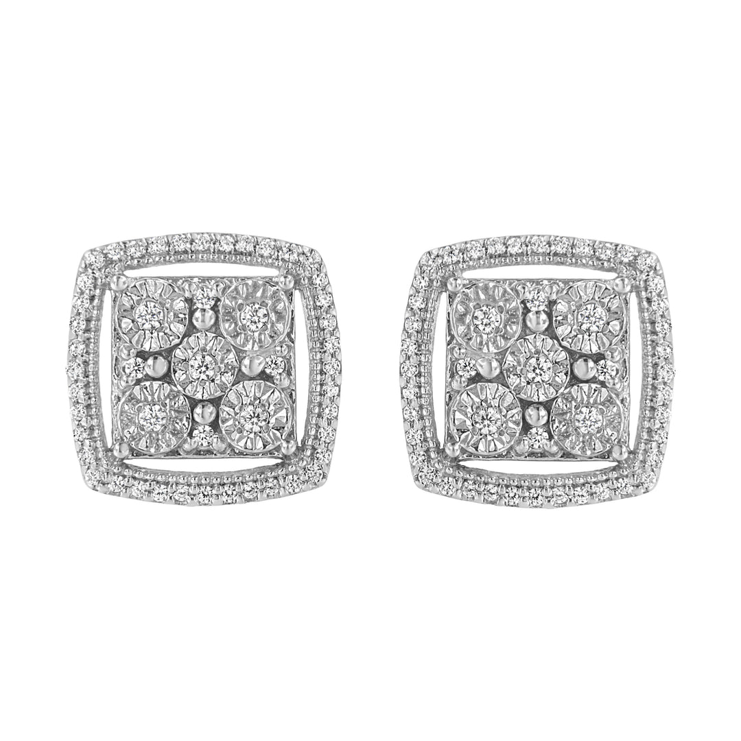 .925 Sterling Silver 3/8 Cttw Miracle Set Round Diamond Double Halo Cluster Earrings (I-J Color, I2-I3 Clarity)