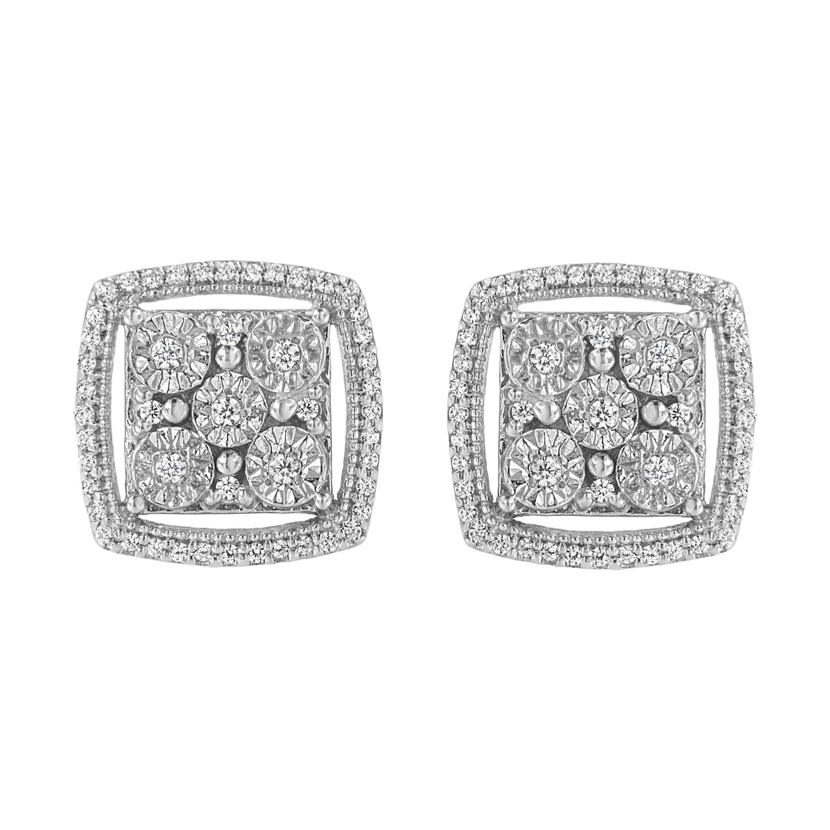 Pendientes de clúster de doble halo de diamantes redondos con engaste Miracle de 3/8 Cttw en plata de ley .925 (color I-J, claridad I2-I3)