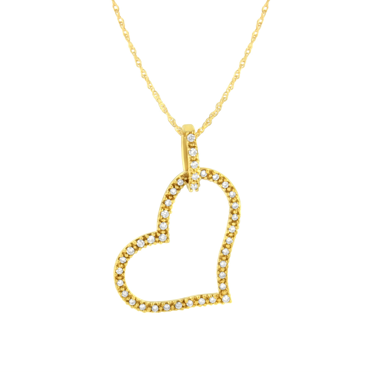 Collar con colgante de oro amarillo de 10 quilates y diamante redondo de 0,25 quilates engastado en garra con corazón abierto de 45 cm (color K-L, claridad I1-I2)
