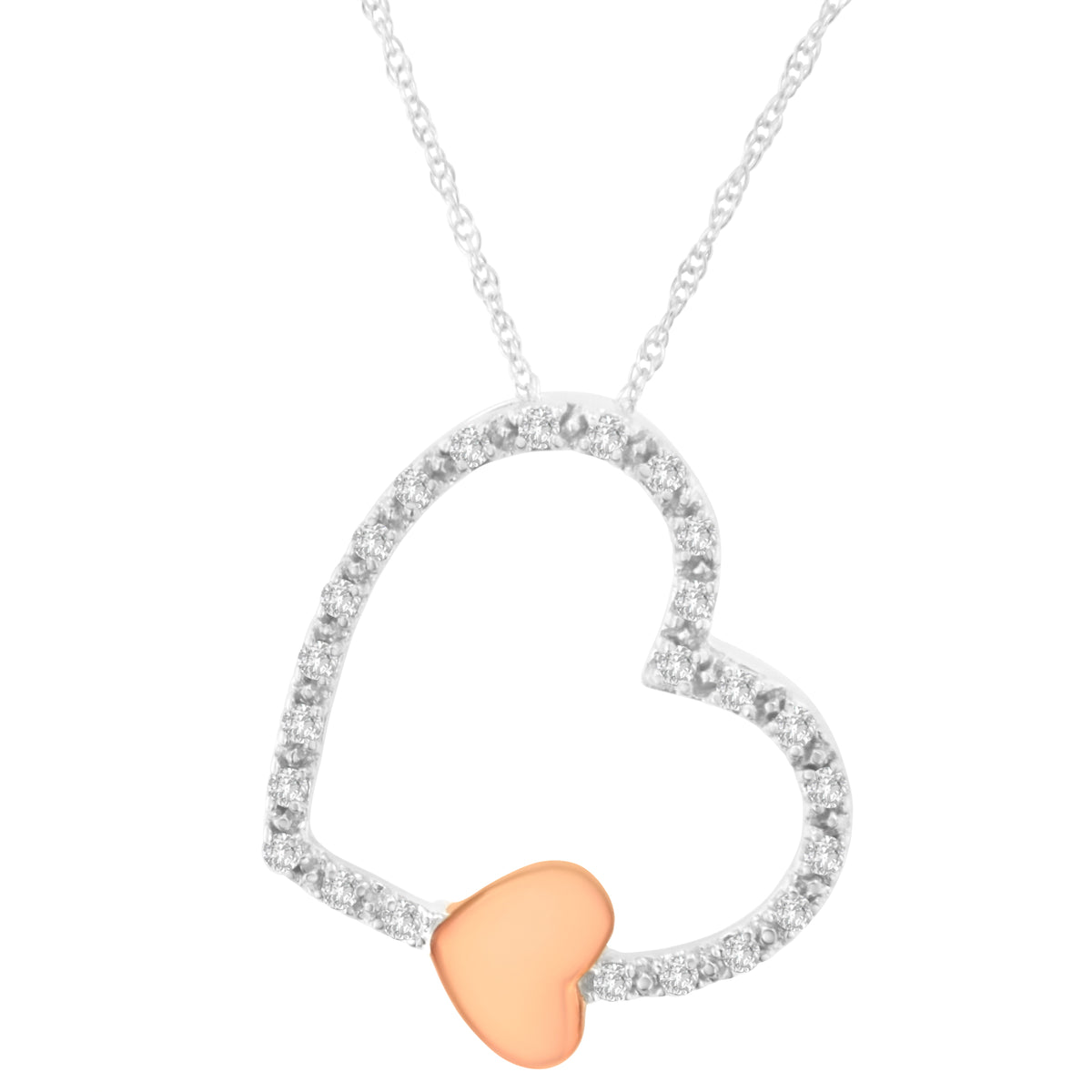 Collar con colgante de corazón flotante de oro bicolor de 10 qt y diamantes de 1/6 ct. (K-L, I1-I2)
