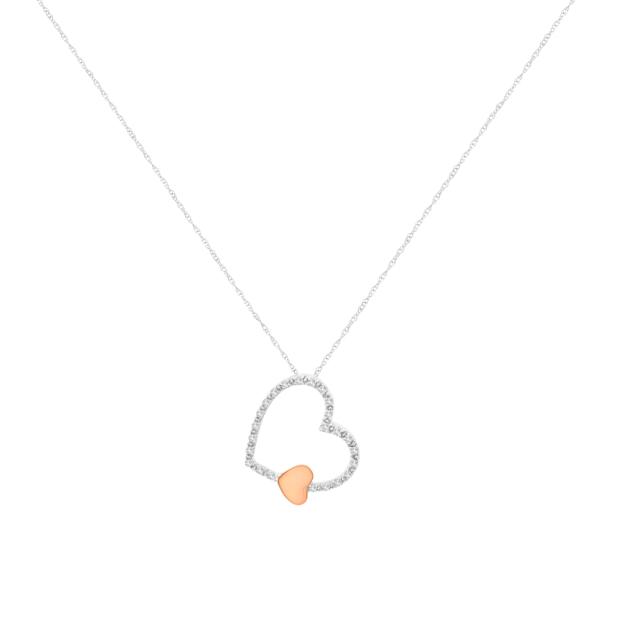 Collar con colgante de corazón flotante de oro bicolor de 10 qt y diamantes de 1/6 ct. (K-L, I1-I2)
